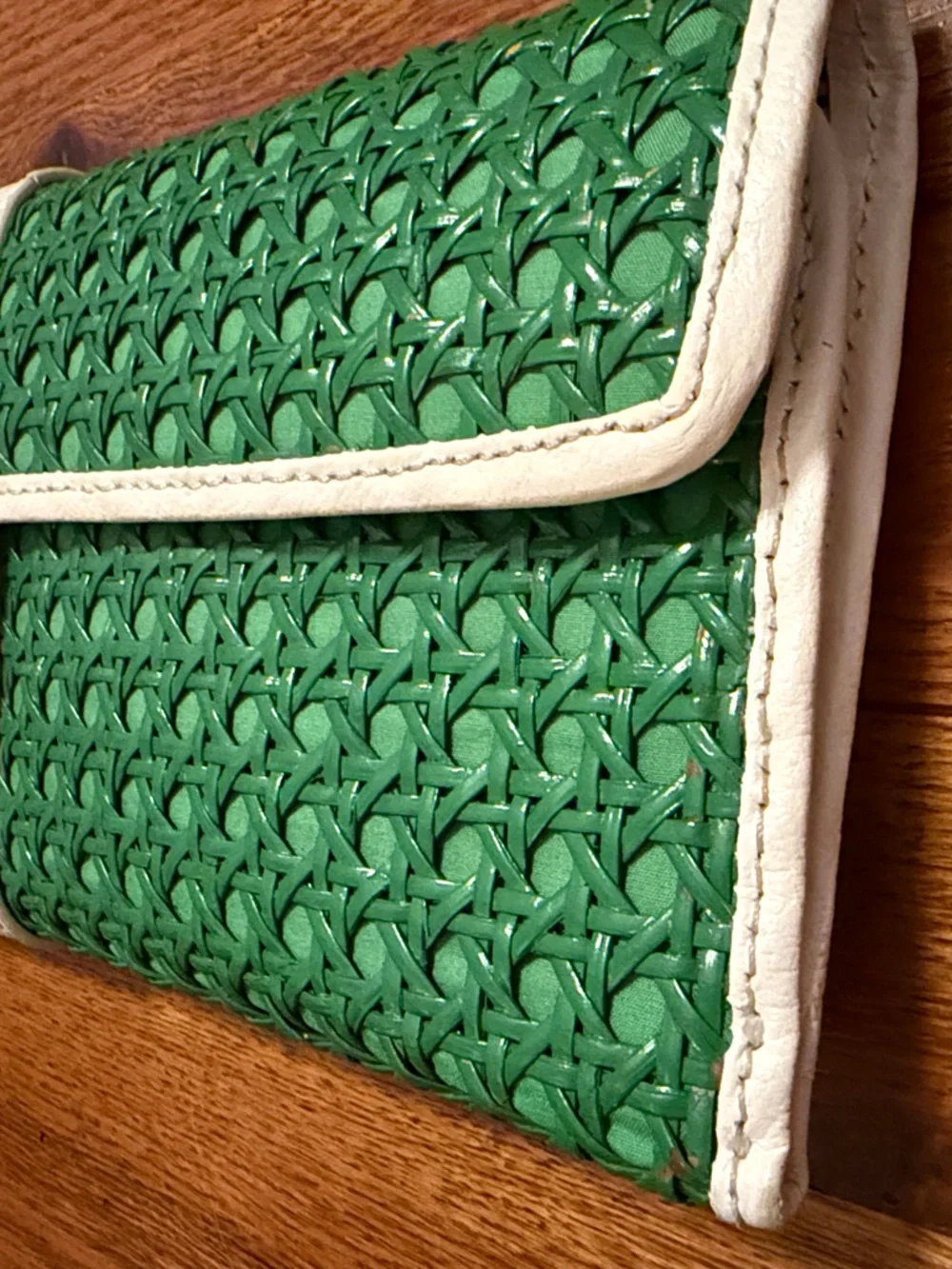 Kate Spade Green Woven Clutch with Cream Trim and Turn Lock